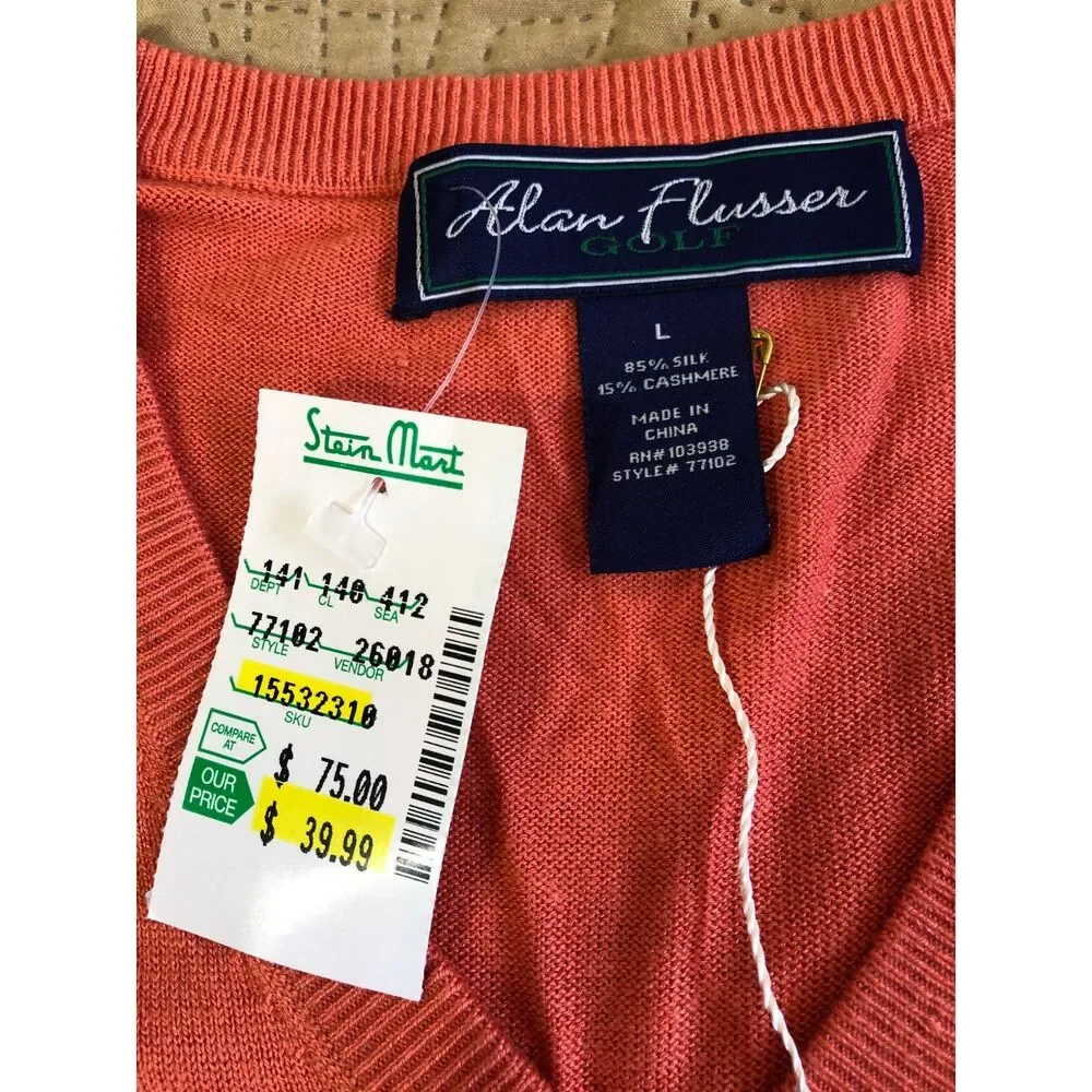 Vtg Y2K NWT Alan Flusser Golf Silk Cashmere V-Neck Pullover Sweater Orange Men L